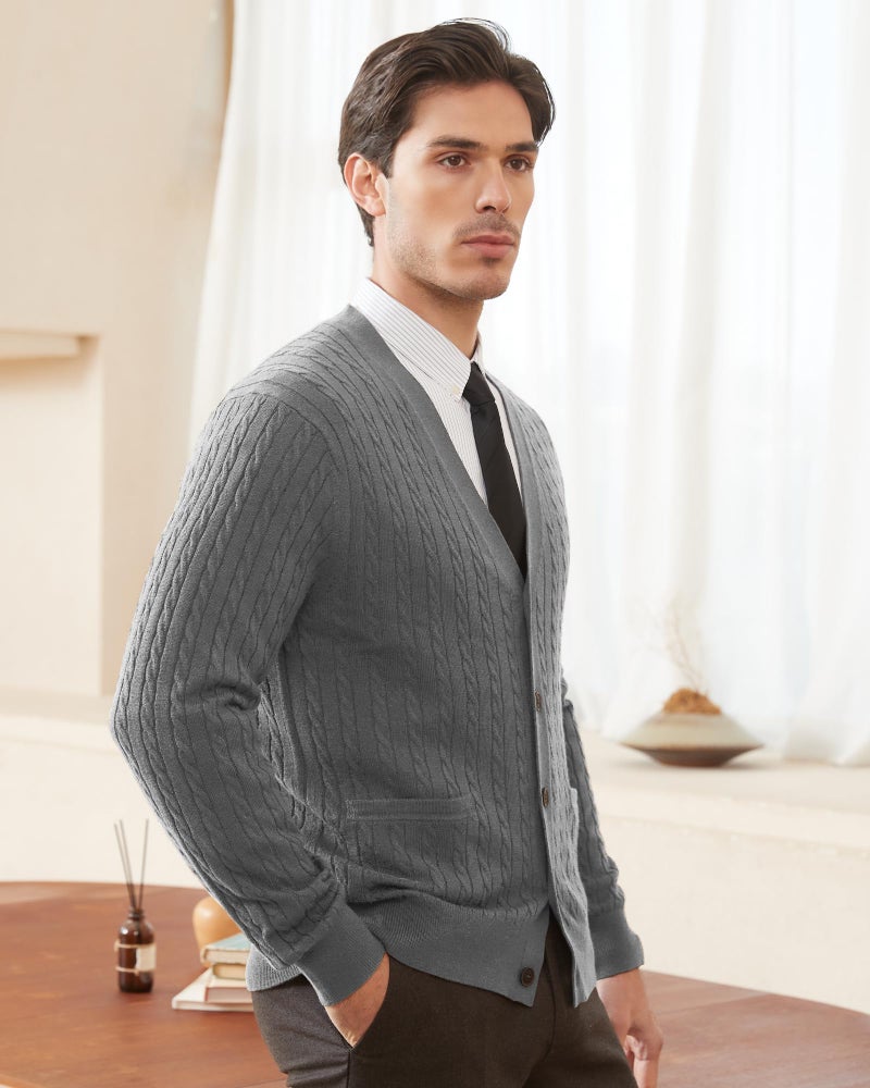 Kallspin Men's Cardigan Sweater Wool Blend Cable Knit V Neck Buttons Cardigan with Pockets(Light Grey, Large) - Image 5
